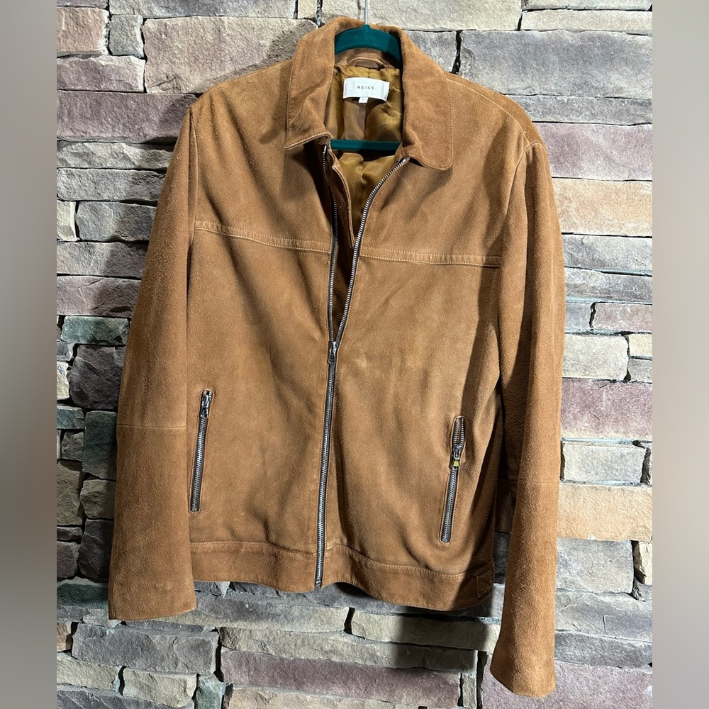 Reiss Men's Suede Zip Front Jacket in Cognac Brown